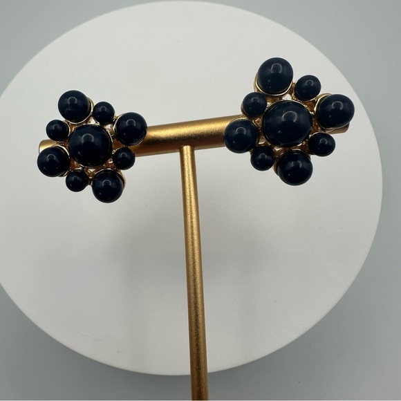Vintage Monet Navy Blue & Gold Cluster Earrings – Glossy Bead Design - Picture 12 of 15